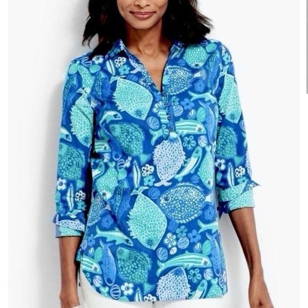 Talbots Fish Sea Tunic Top Size M Long Sleeve Beachy Coastal Tropical Novelty